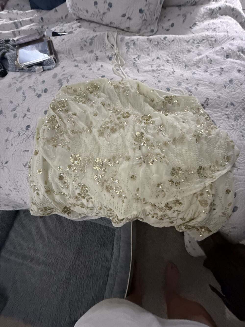 Altar'd State Ivory & Gold Beaded Sequin Halter mini Dress Size 2XL